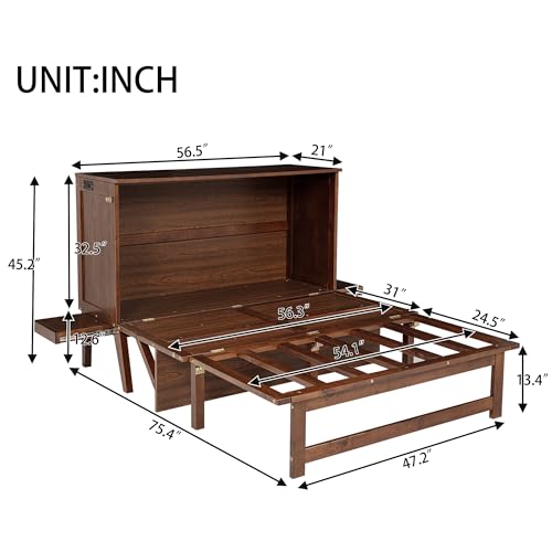 Full Size Murphy Cabinet Bed with USB Port and Removable Shelves, Solid Pine Wood P8540