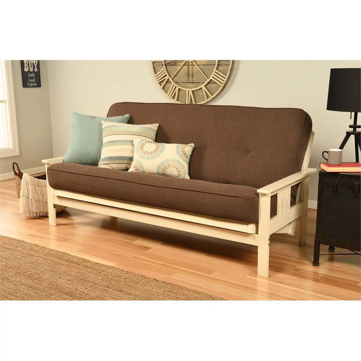 Antique White Full Size Futon Frame with Linen Cocoa Mattress B521