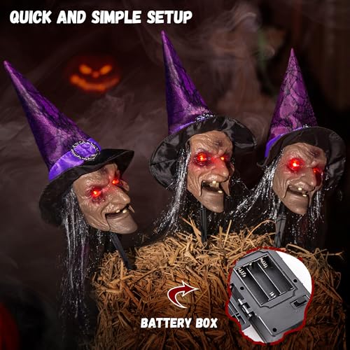 3-Pack Halloween Animatronic Witch Stakes with Sound, Light-Up Eyes, Moving Mouth V262254