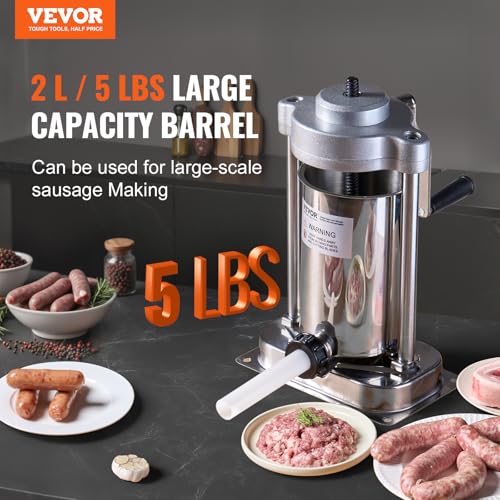7 L / 15 LBS Vertical Manual Sausage Stuffer, 304 Stainless Steel, 5 Stuffing Tubes P562254