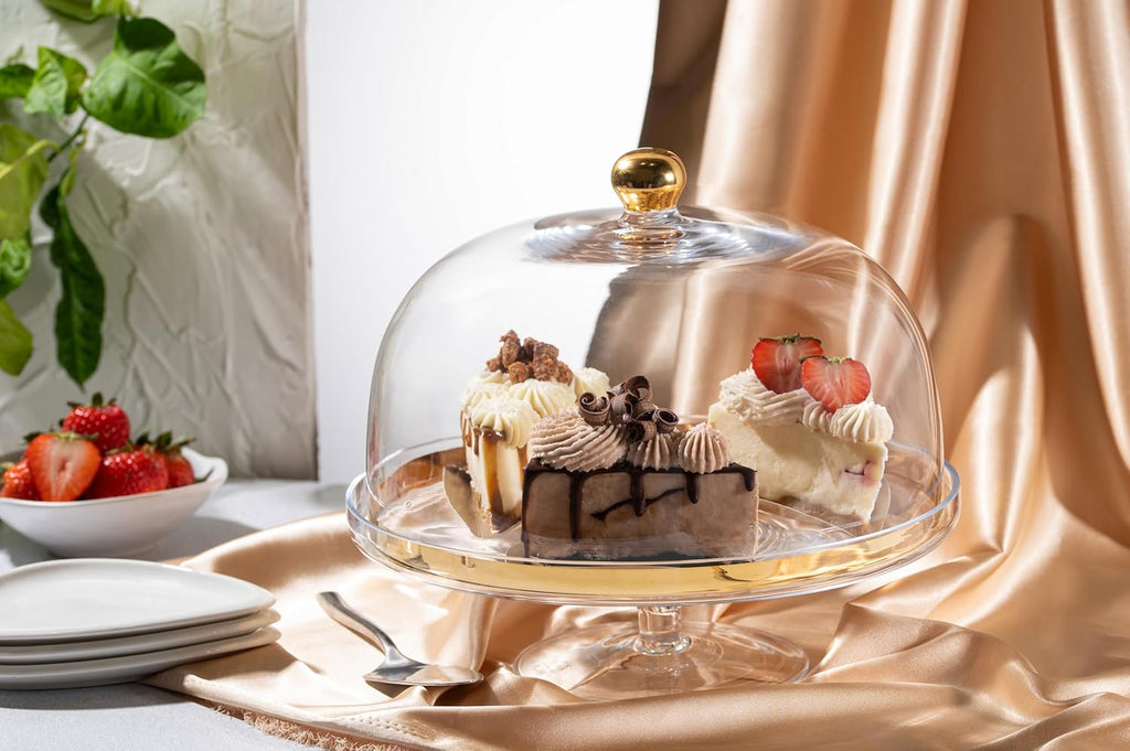 Glass Cake Stand with Dome Gold Rim Gold Knob 11.75" Diameter D6363