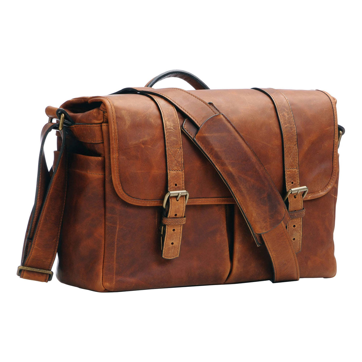 Antique Cognac Leather Camera/Laptop Messenger Bag Q9985