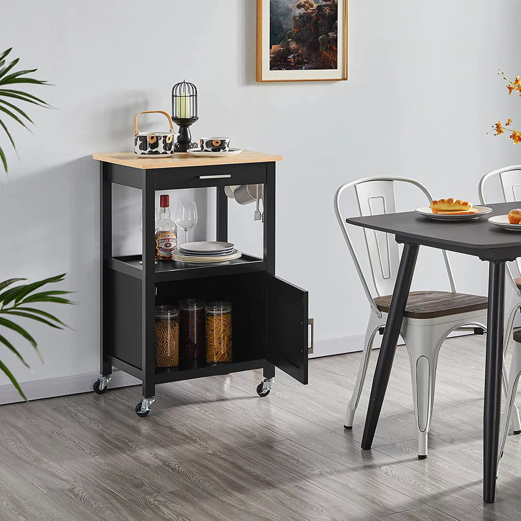 Black Kitchen Island on Wheels with Wood Top and Drawer D462995