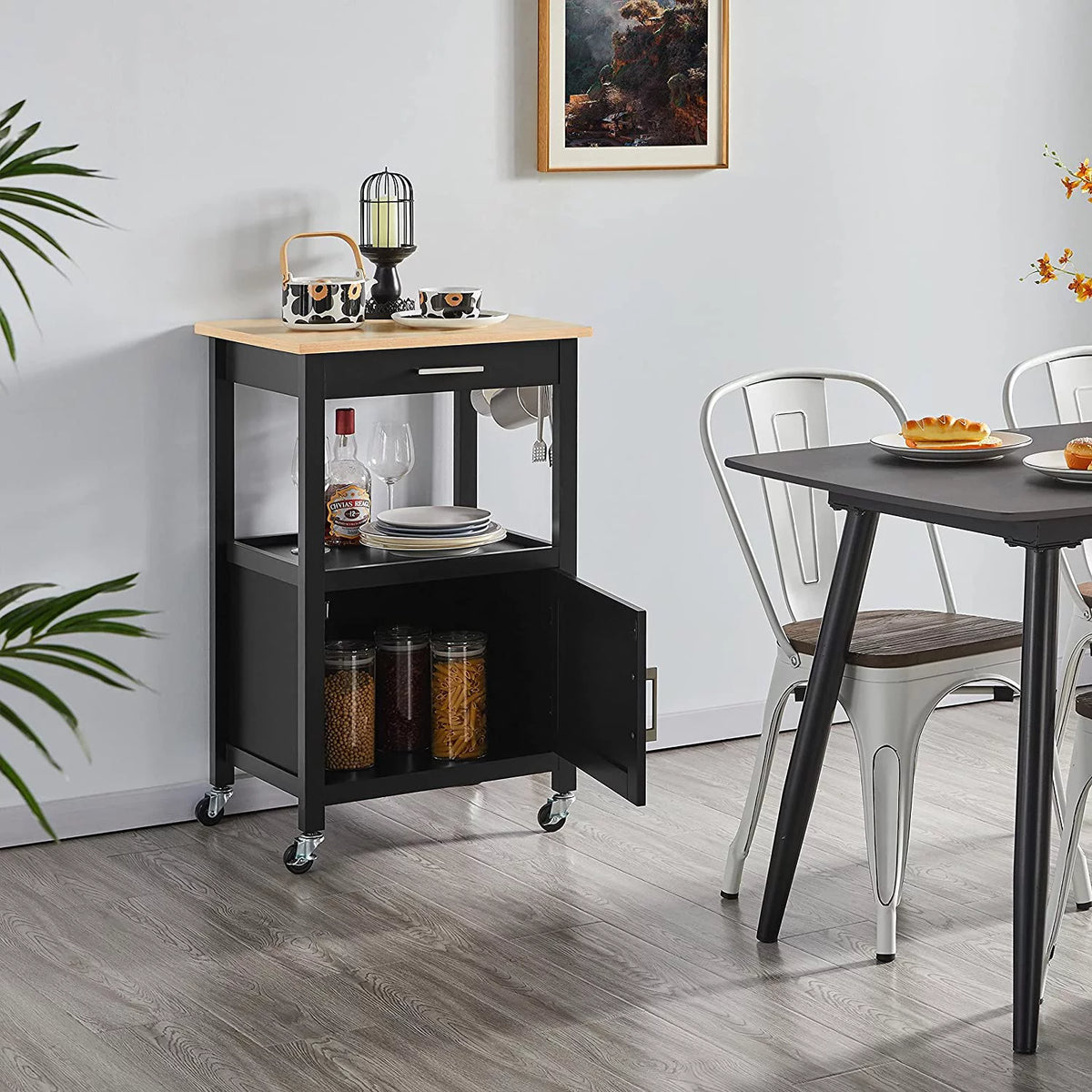 Black Kitchen Island on Wheels with Wood Top and Drawer D462995