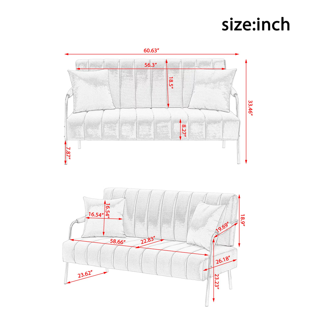Velvet Upholstered Loveseat Sofa with 2 Throw Pillows H54784