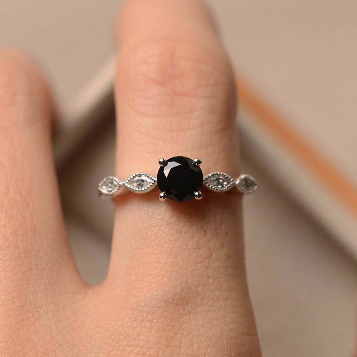 925 Sterling Silver Black Onyx Engagement Ring V1508