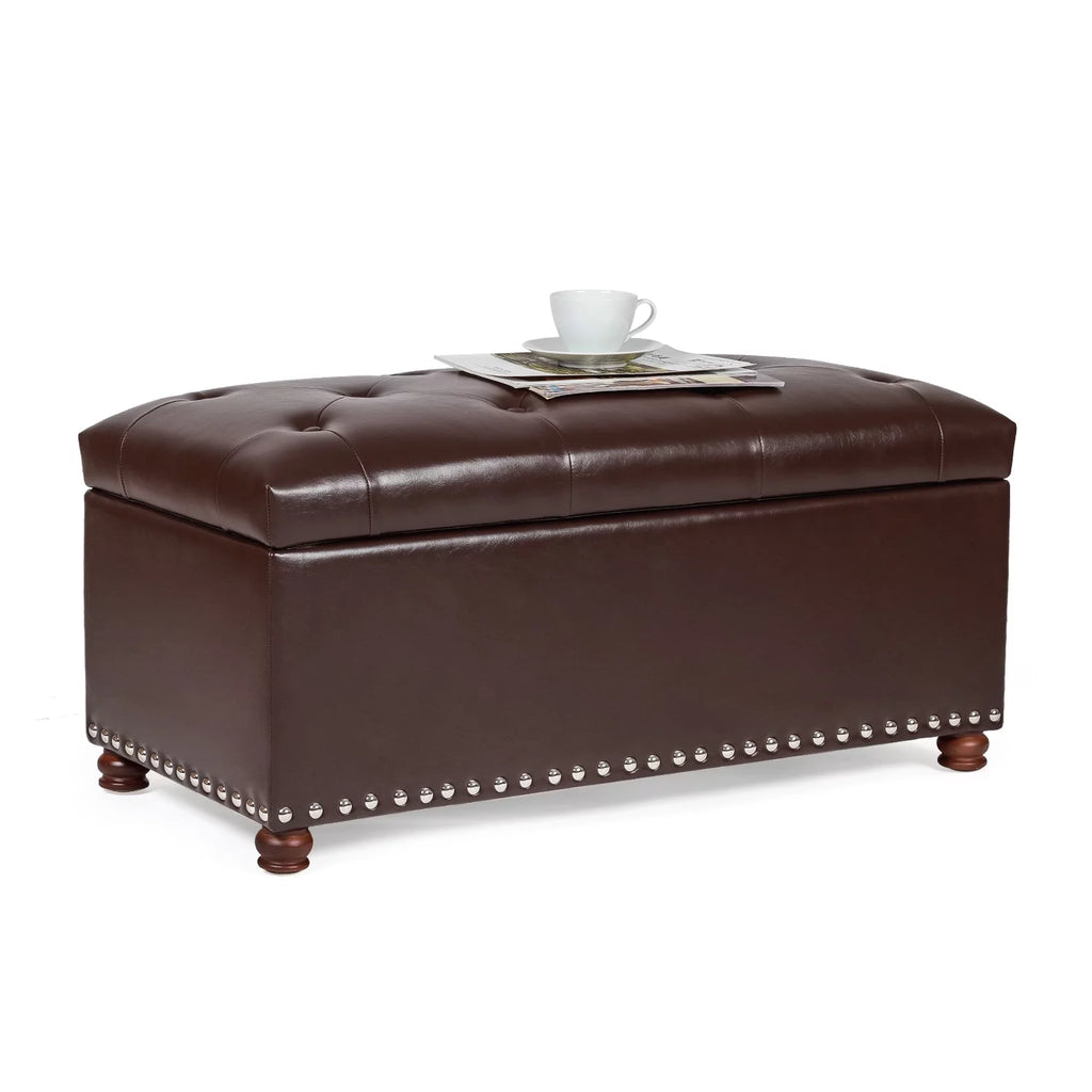 Brown Leather Rectangular Storage Bench Ottoman X7007