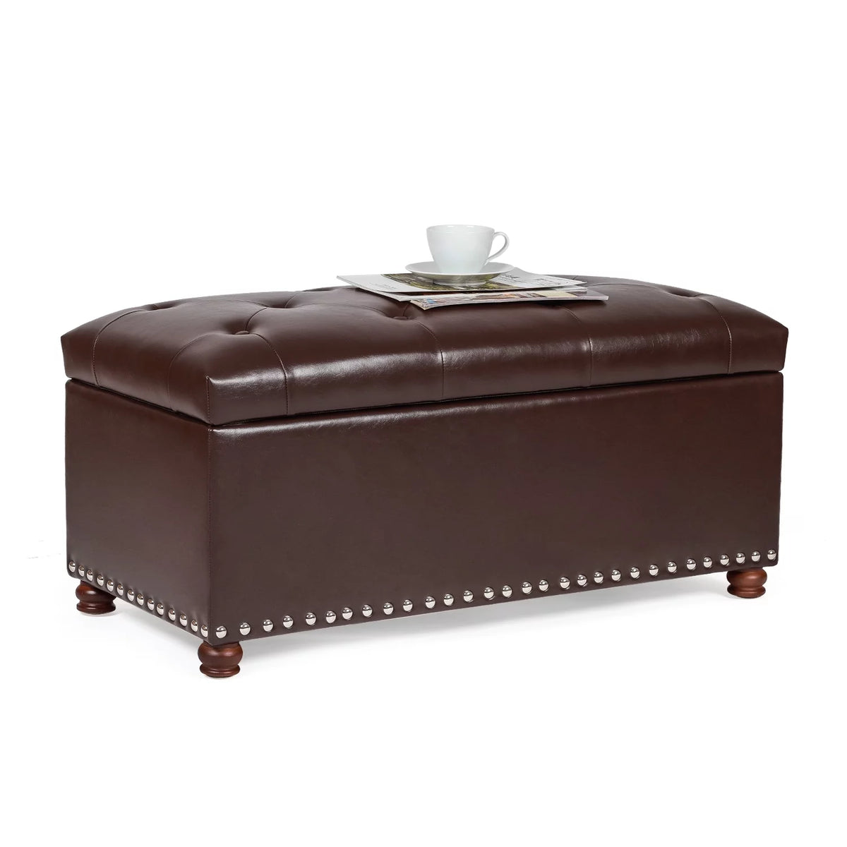 Brown Leather Rectangular Storage Bench Ottoman X7007
