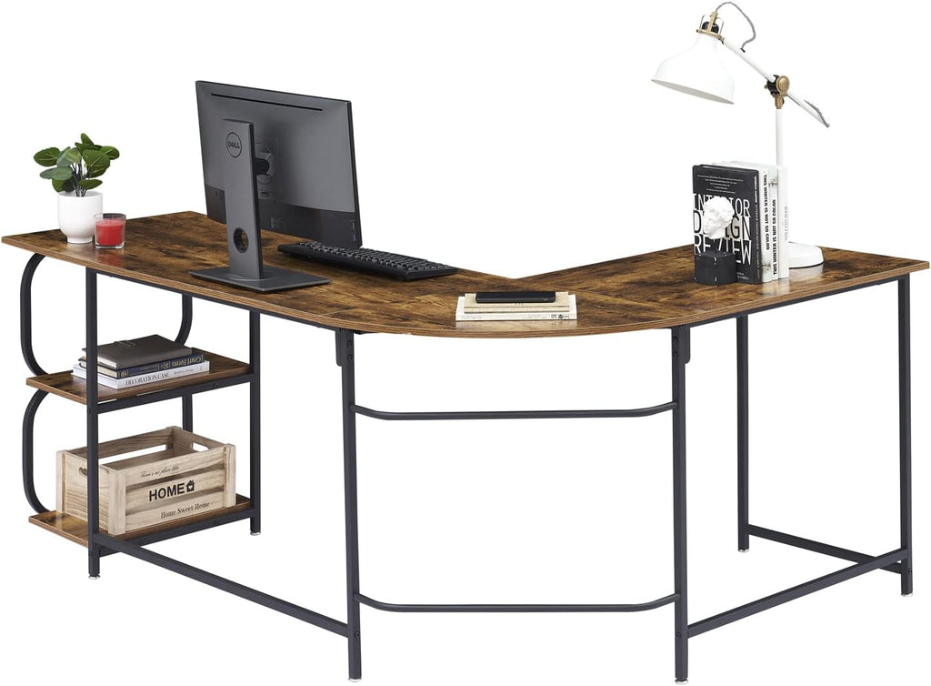 Reversible L Shaped Desk Corner Computer Desk with Webcam Wood Metal Teak Black E5596