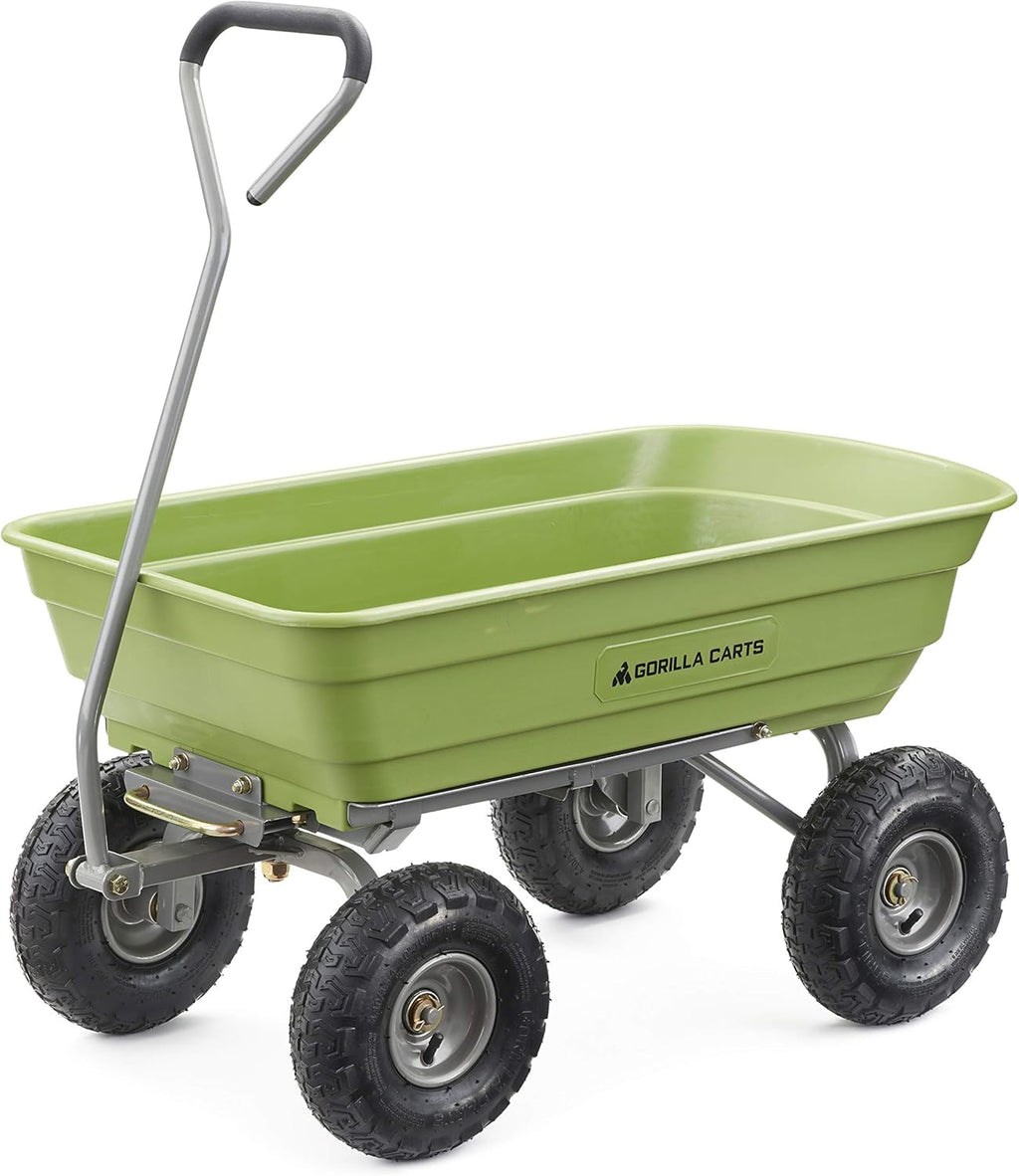 Green Poly Garden Dump Cart with Steel Frame and 10 Pneumatic Tires, 600-lbs. Capacity W49235