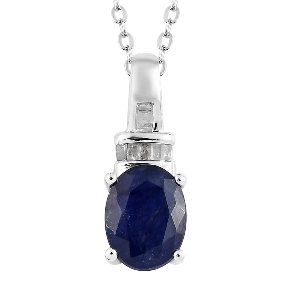 925 Sterling Silver Diamond Platinum Plated Sapphire Pendant Necklace Ct 1.6 A19878