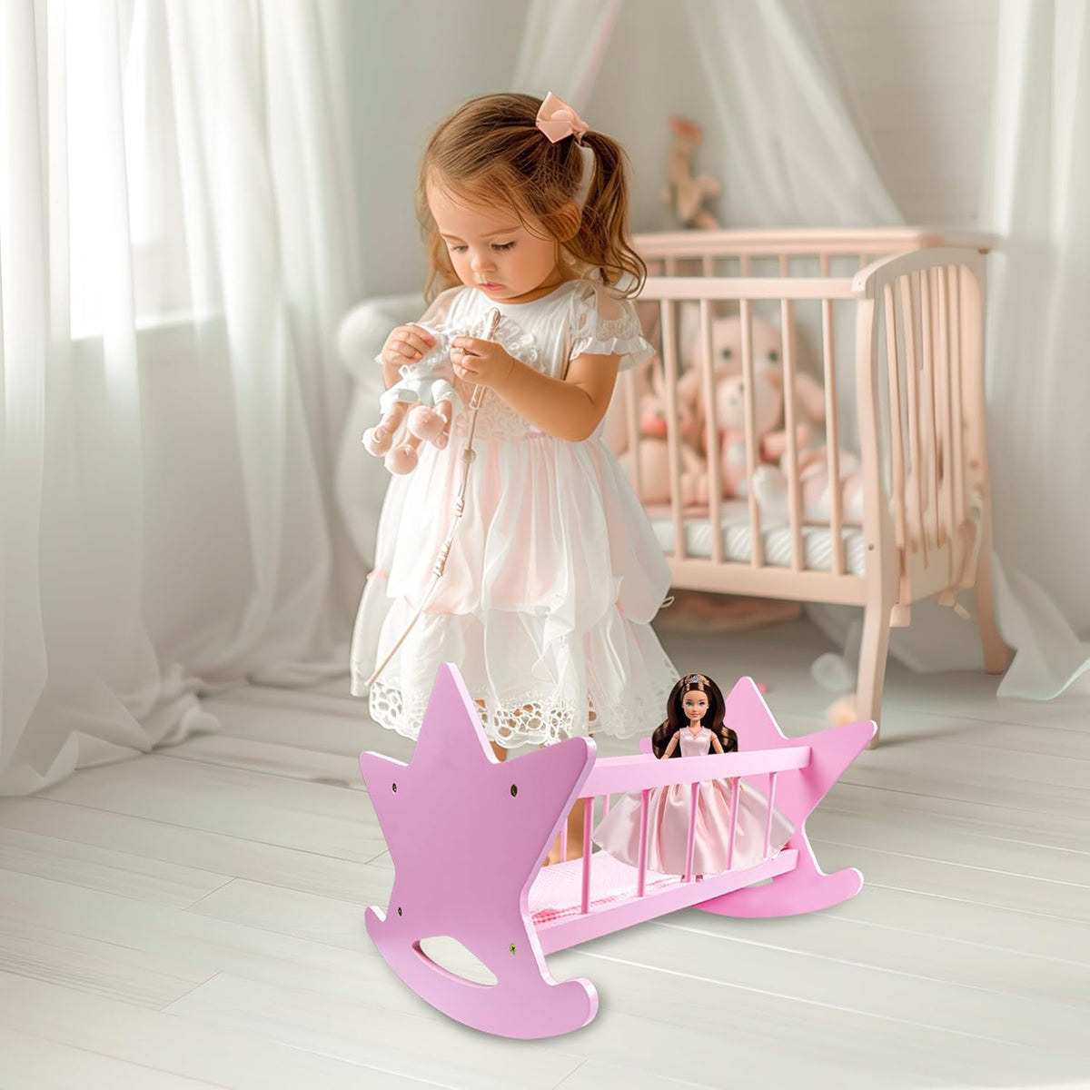 Pink Wooden Baby Doll Crib with Bedding R73035