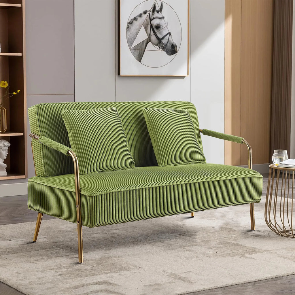 Olive Green Velvet Upholstered Loveseat Sofa with 2 Pillows C7720