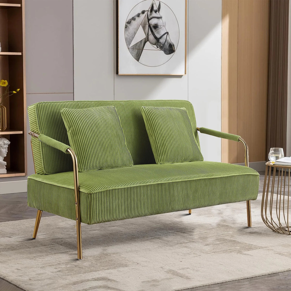Olive Green Velvet Upholstered Loveseat Sofa with 2 Pillows C7720