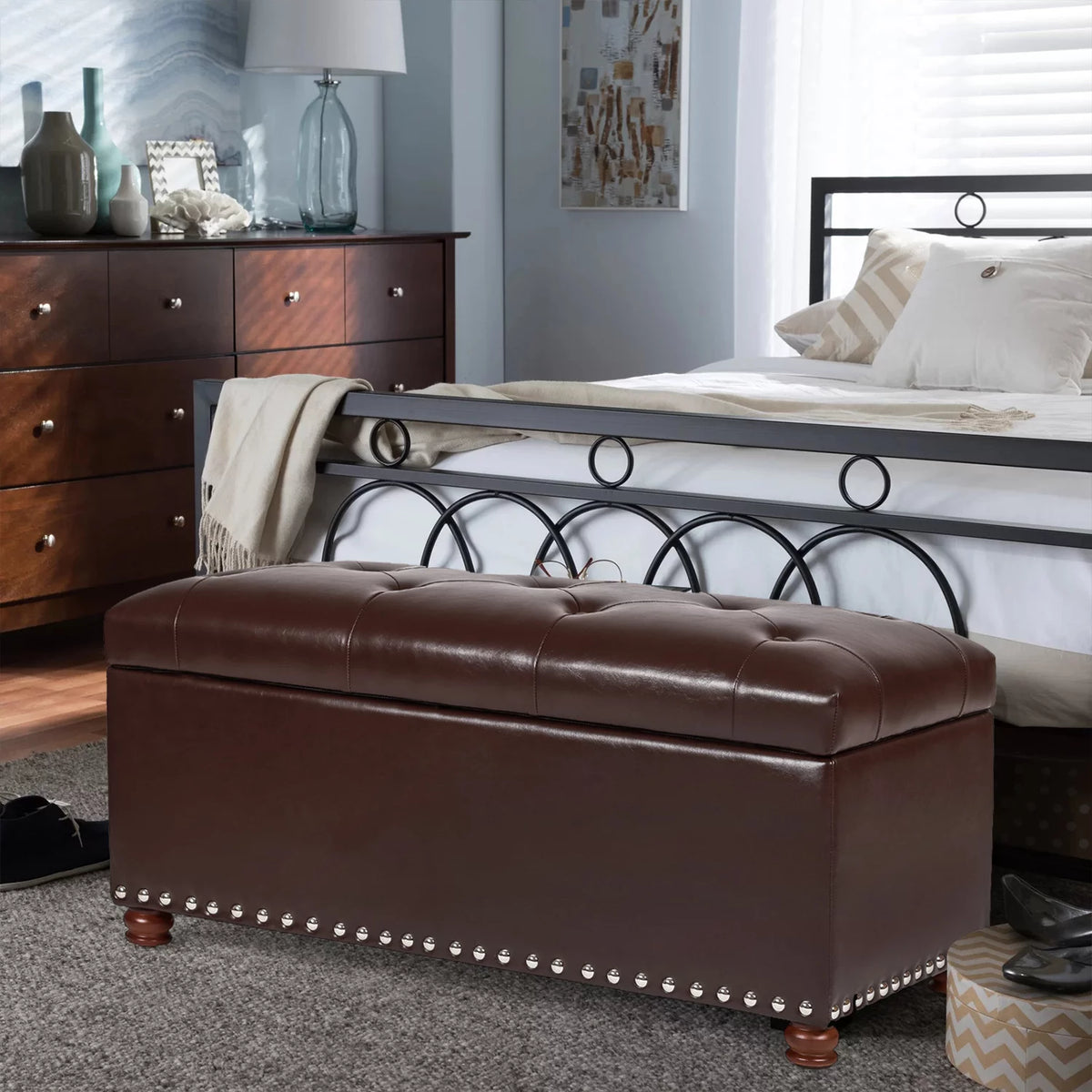 Brown Leather Rectangular Storage Bench Ottoman X7007