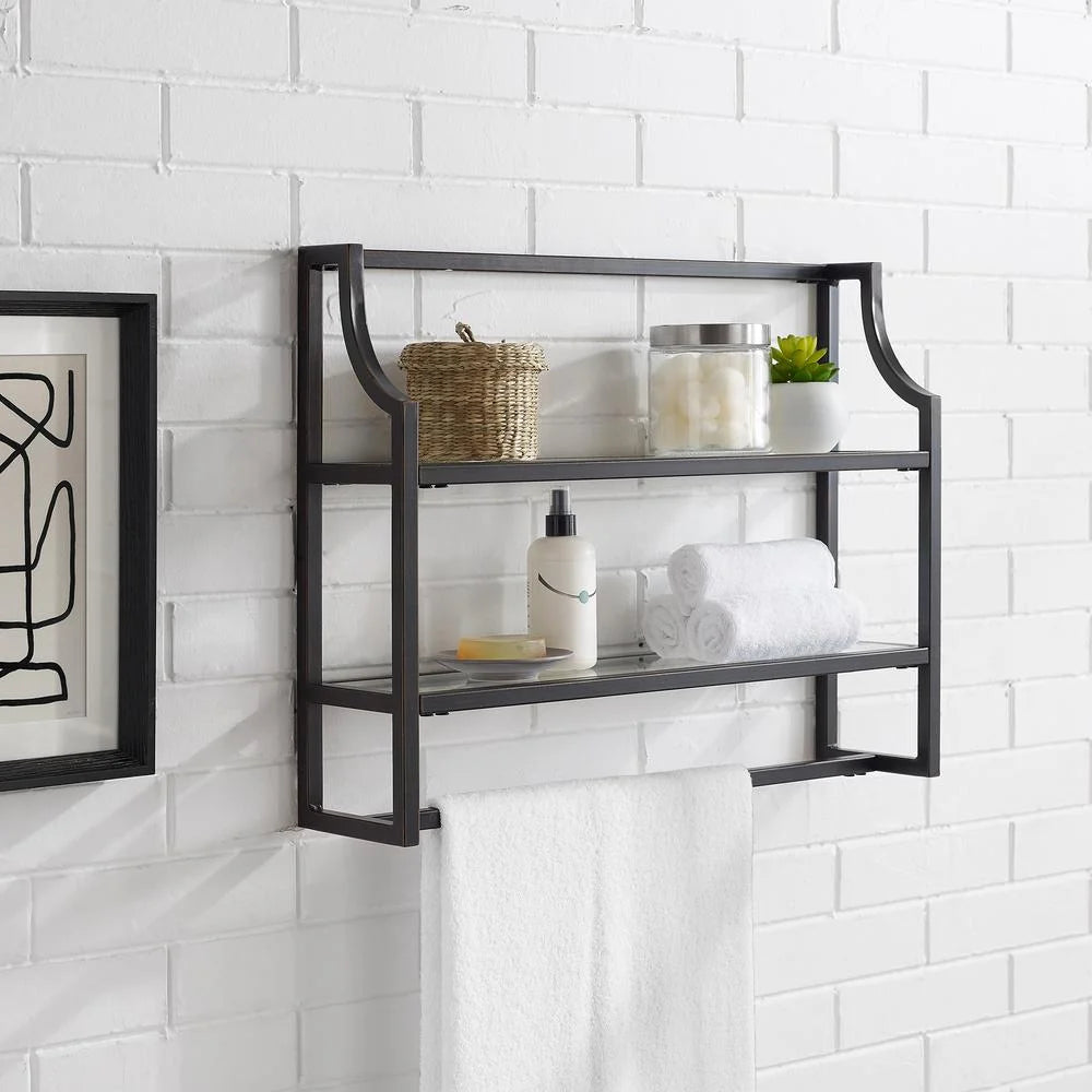 Oil Rubbed Bronze 2 Shelf Glass Metal Wall Shelf L156