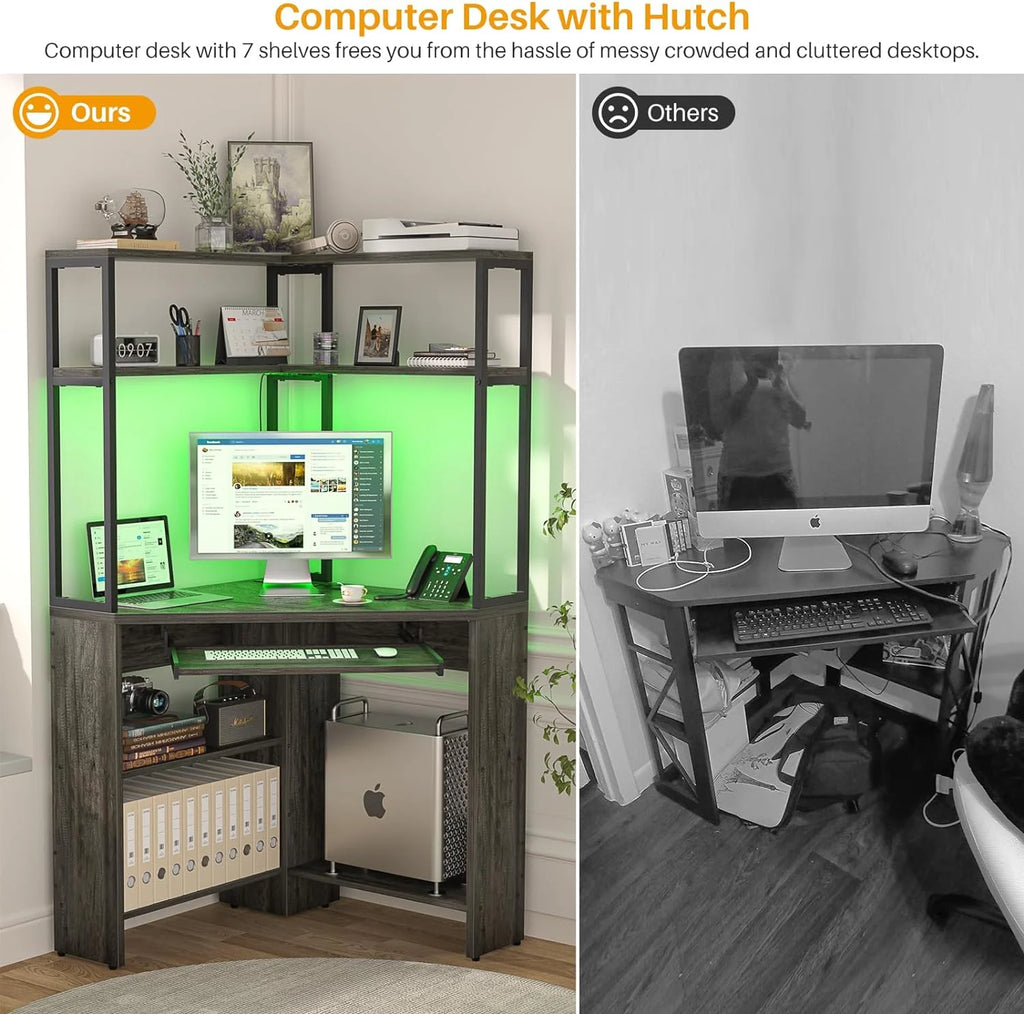 Black Oak Corner Computer Desk with Power Outlets & LED Light A428