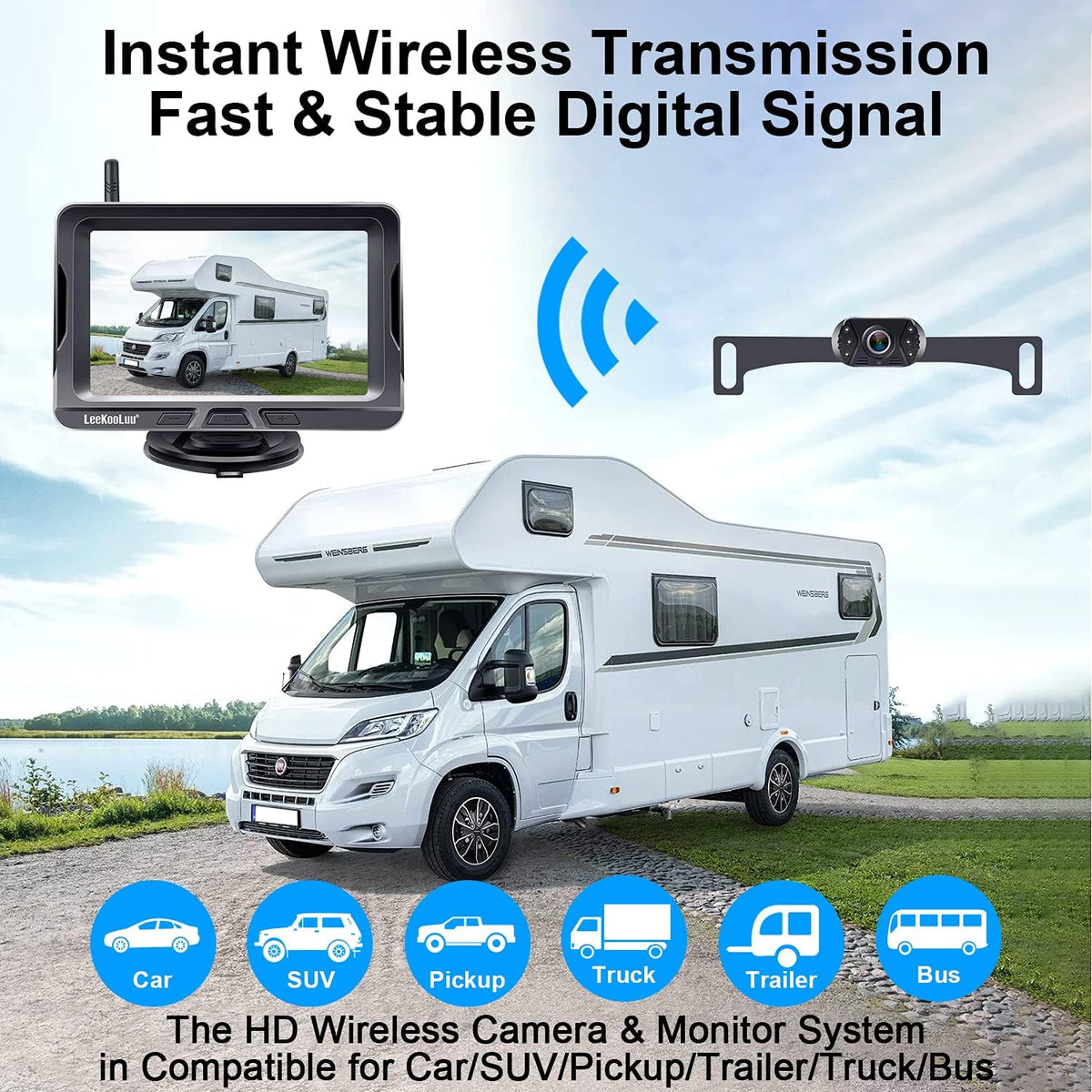 Wireless Backup Camera 5 Inch HD 1080P Bluetooth Two Channels Waterproof Night Vision R833290