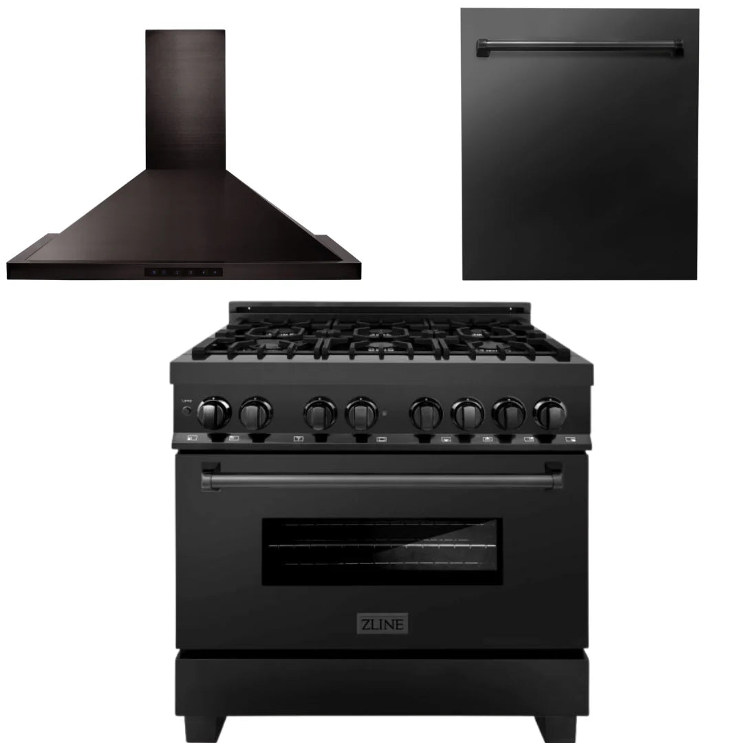 Black Stainless Steel 36 Range, Range Hood, Dishwasher Q3269