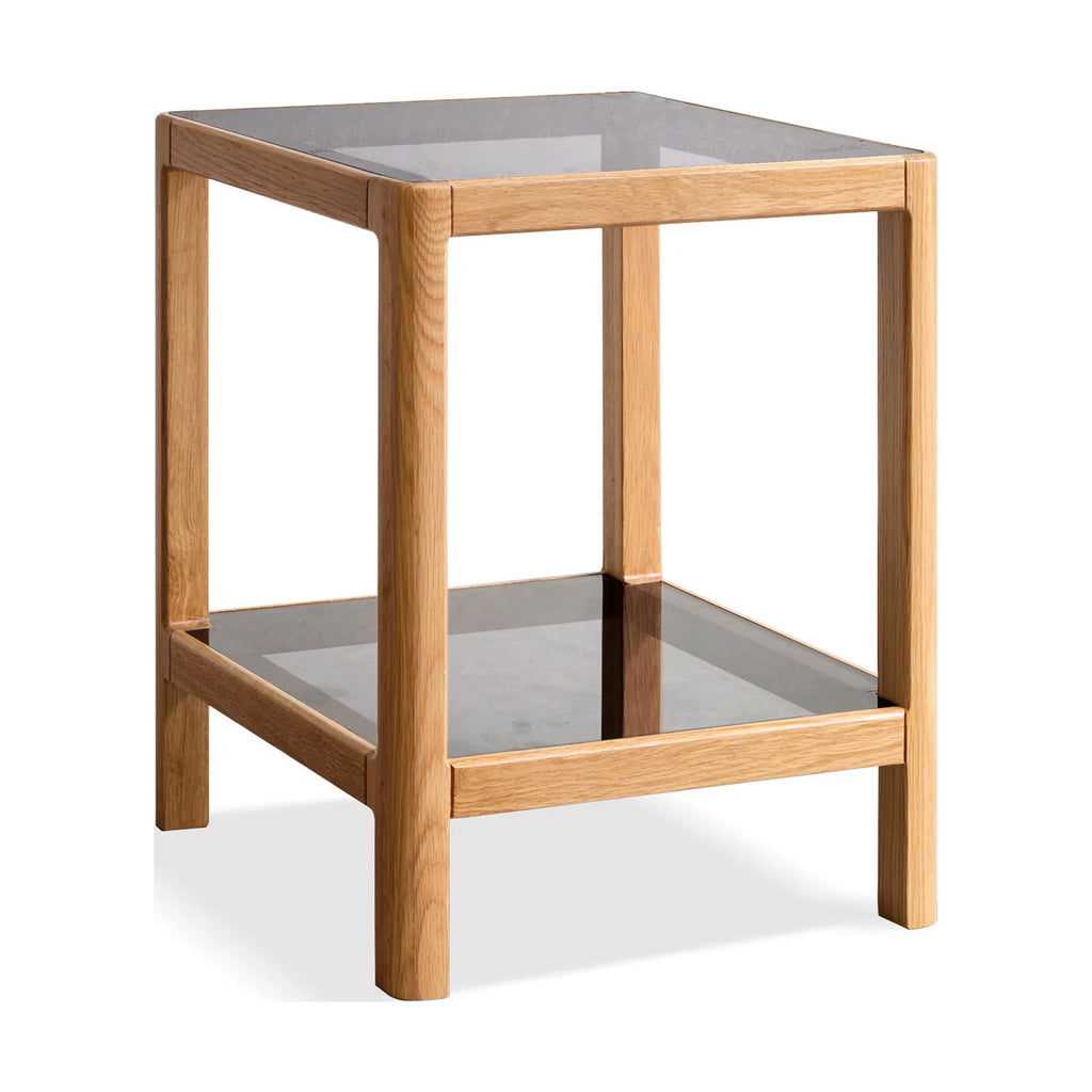 Natural Oak Wood End Table with Tempered Glass D4712