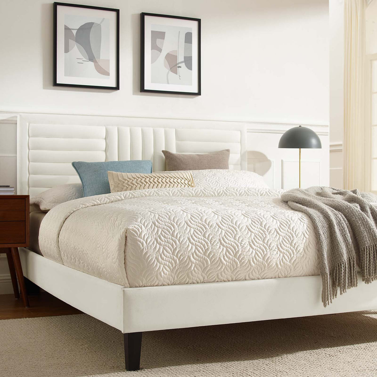 White Channel Tufted Performance Velvet Queen Platform Bed J3661
