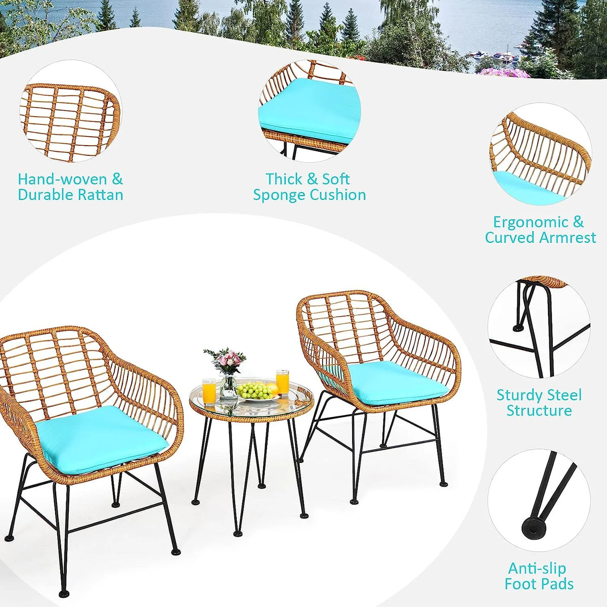 3 Pieces Rattan Patio Bistro Set with Glass Coffee Table T374