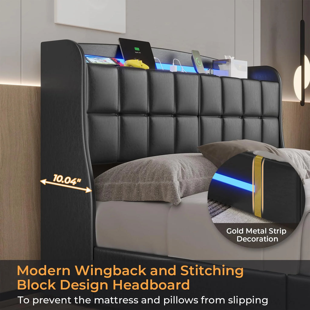 Queen Bed Frame with LED Lights and Charging Station, Upholstered Platform Bed Frame with Hidden Storage and 4 Drawers, Black O676