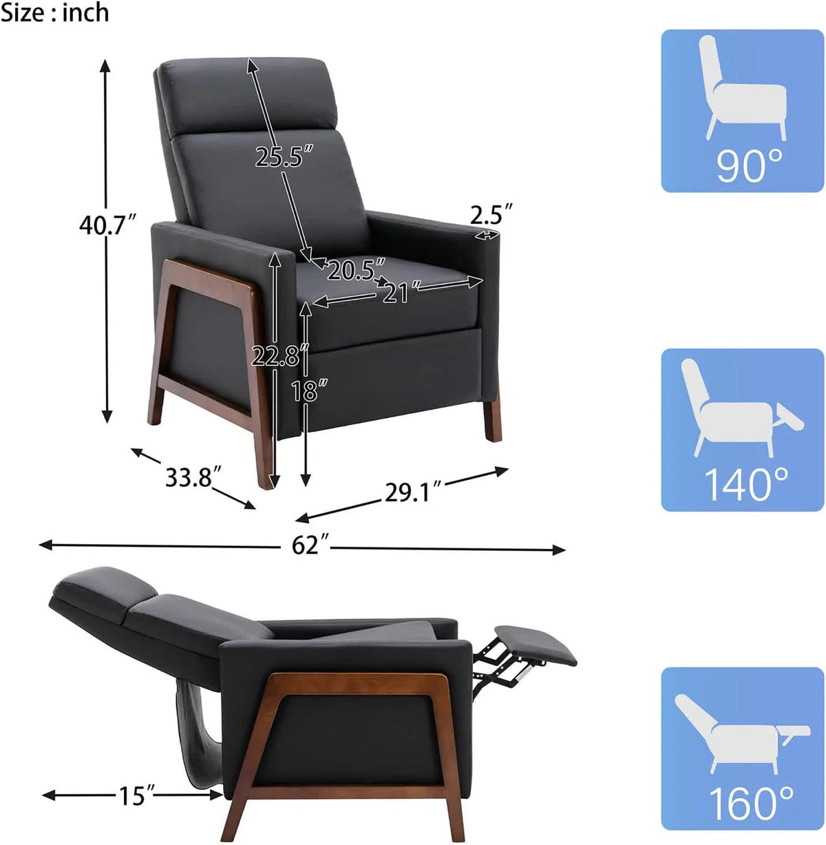Black PU Leather Recliner Chair with Thick Cushion G9344