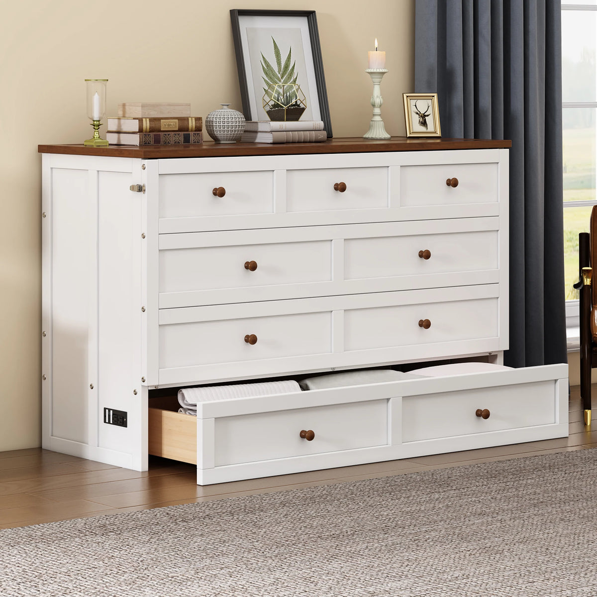Queen Size Solid Wood Murphy Bed with Storage Drawer J391001