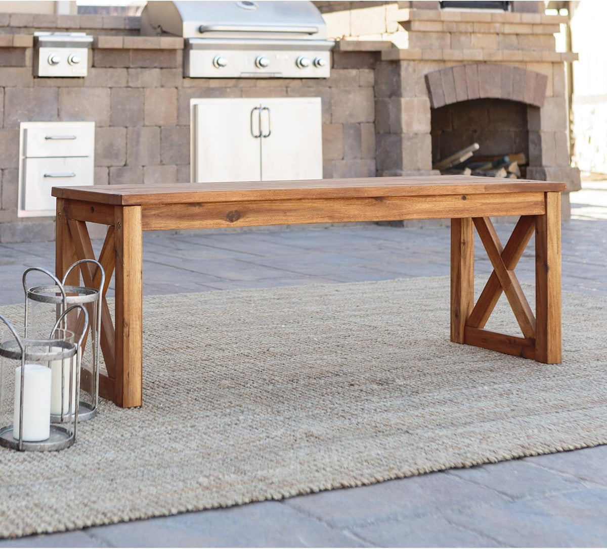 Solid Acacia Wood X Frame Outdoor Bench, 52 Inch, Brown I659