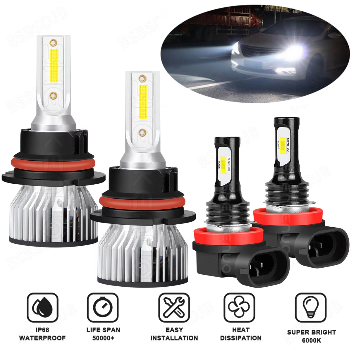 4x LED Headlight Hi/Lo Beam + Fog Light Bulbs J51977