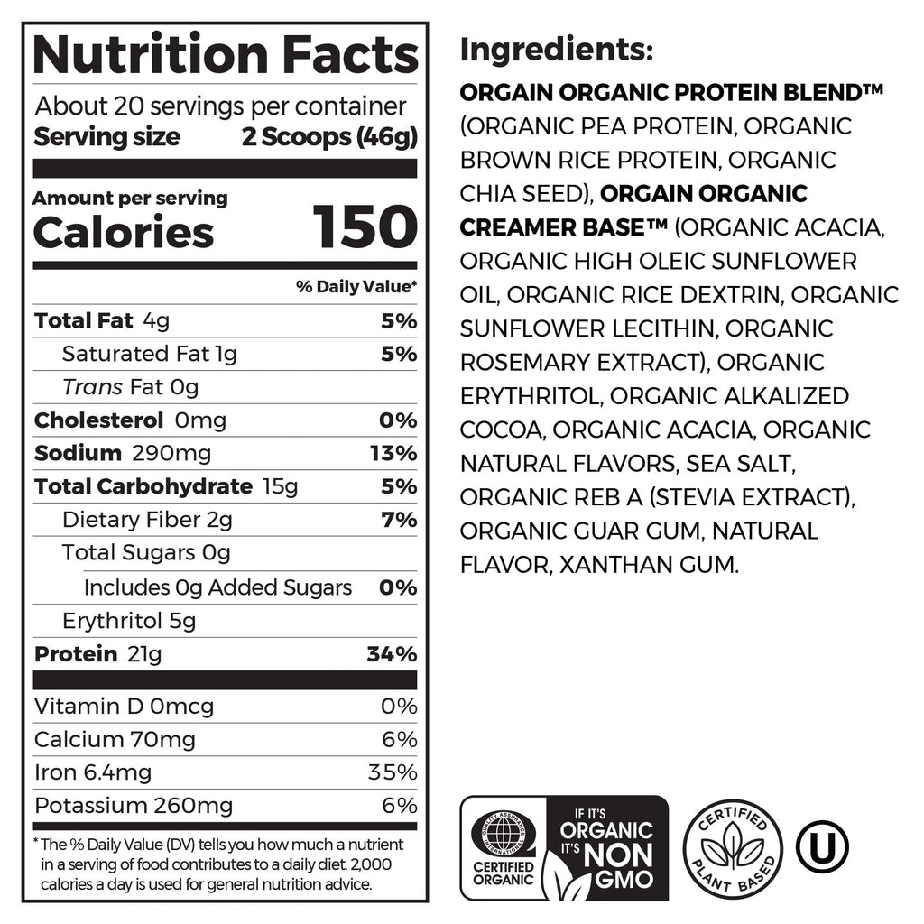 Organic Vegan 21g Protein Powder Creamy Chocolate 2.03lb R345
