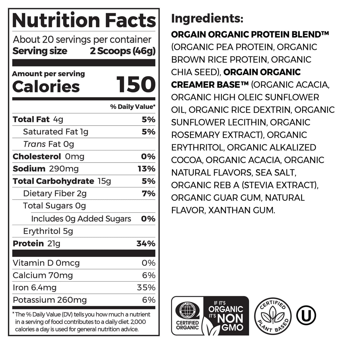 Organic Vegan 21g Protein Powder Creamy Chocolate 2.03lb R345