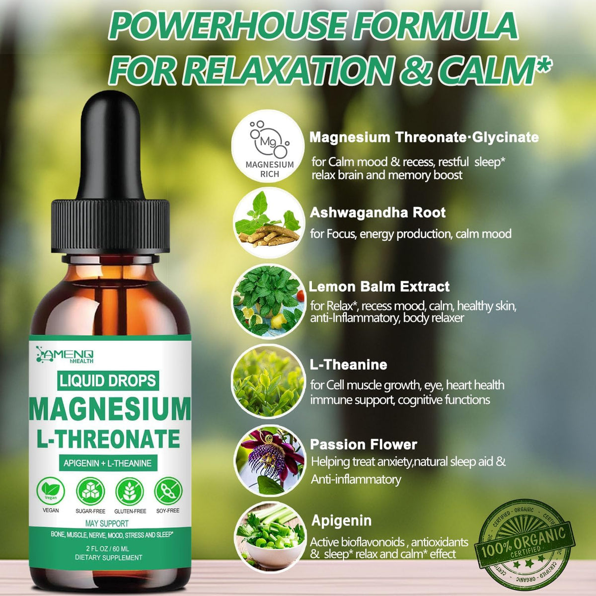 Magnesium L-Threonate Liquid with Apigenin Theanine Passion Flower Lemon Balm G578