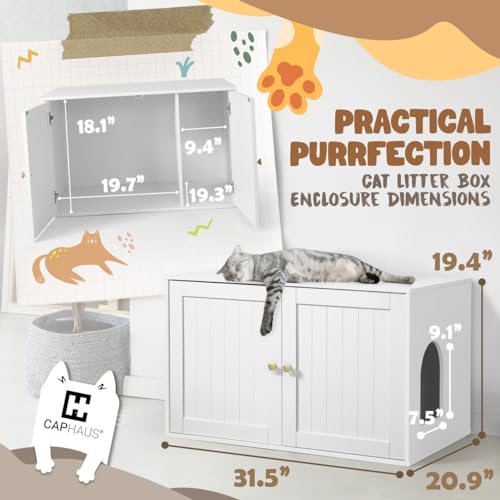 White Wooden Cat Litter Box with Double Doors I61273