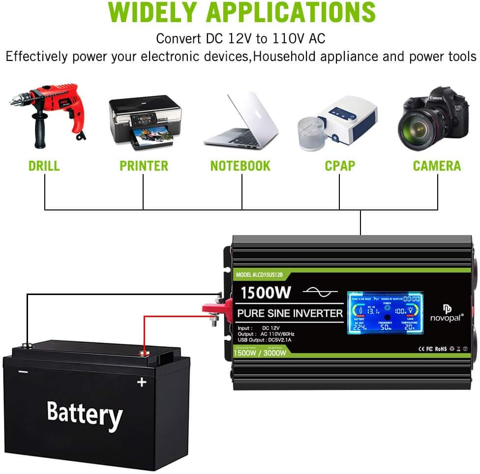 1500 Watt Pure Sine Wave Power Inverter DC 12V to 110V/120V with 4 AC Outlets USB Port Remote Control LCD Display Z5869