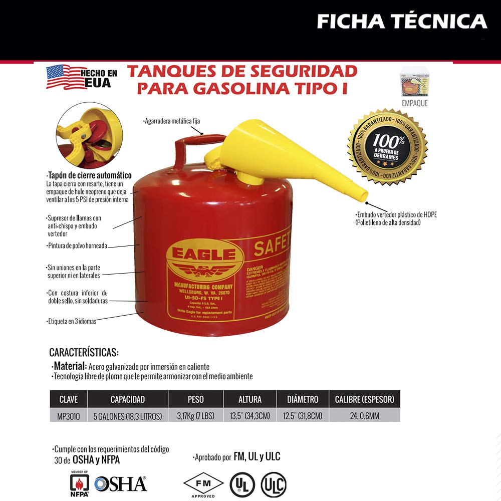 Red Galvanized Steel Type I Gasoline Safety Can with Funnel, 5 gallon Capacity P3702