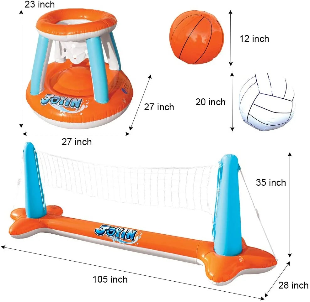 Inflatable Pool Float Set with Volleyball Net & Basketball Hoops, Balls Included Y12020
