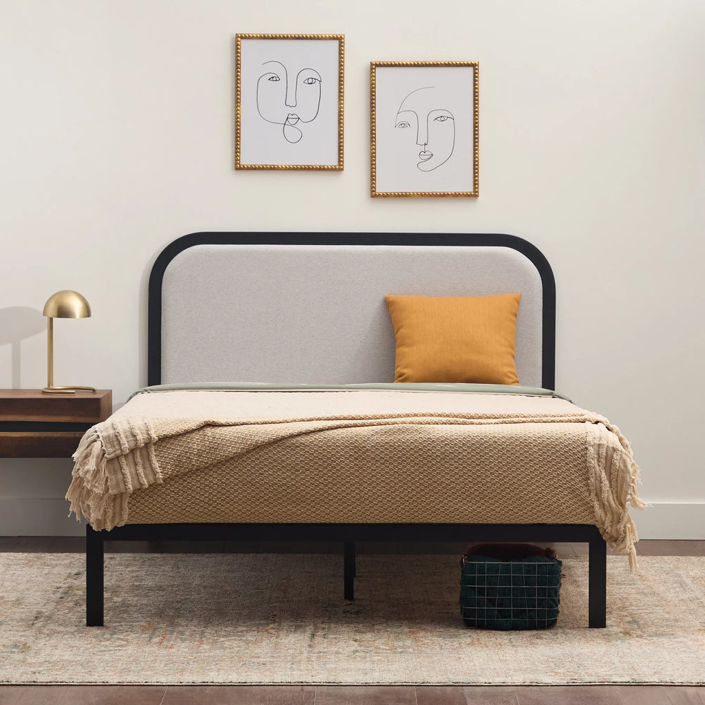 Queen Cream Metal Platform Bed with Upholstered Headboard O324646