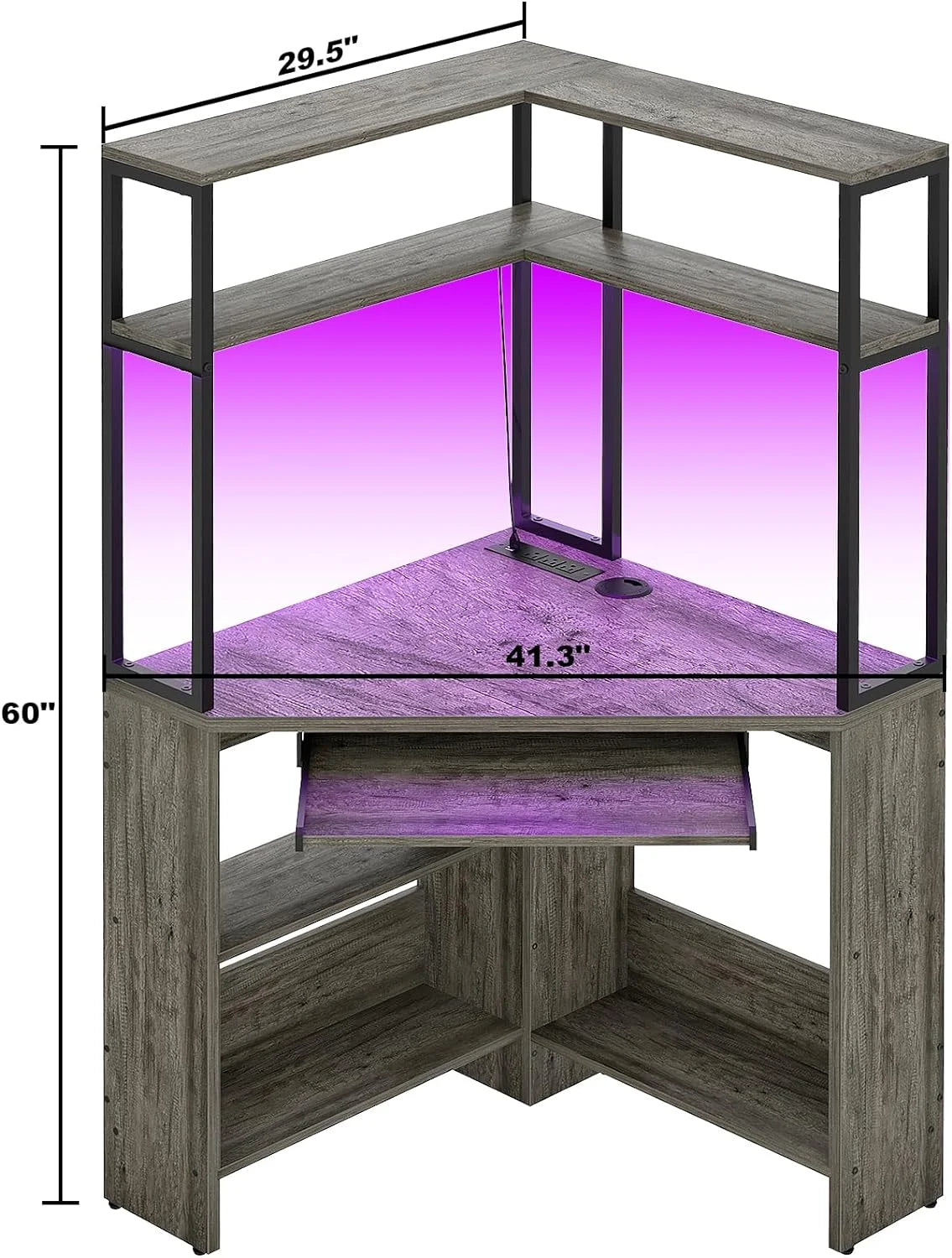 Black Oak Corner Computer Desk with Power Outlets & LED Light A428