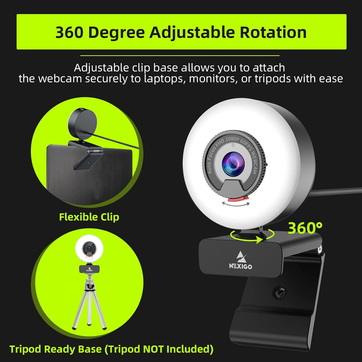 1080P 60FPS Webcam with Light, AutoFocus, Privacy Cover, USB Web Camera, Dual Stereo Microphone I2083