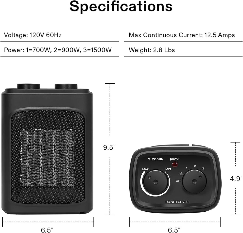 1500W Portable PTC Electric Heater with Adjustable Thermostat V43500