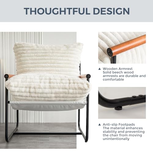 Sherpa Boucle Accent Chair with Wooden Arms B45547