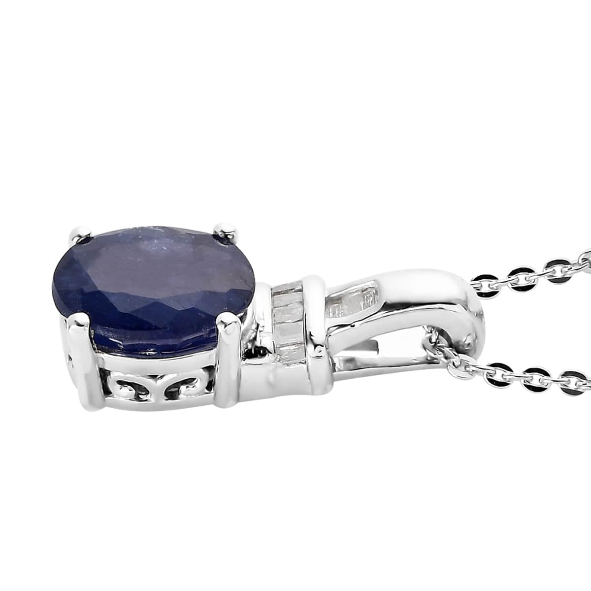 925 Sterling Silver Diamond Platinum Plated Sapphire Pendant Necklace Ct 1.6 A19878