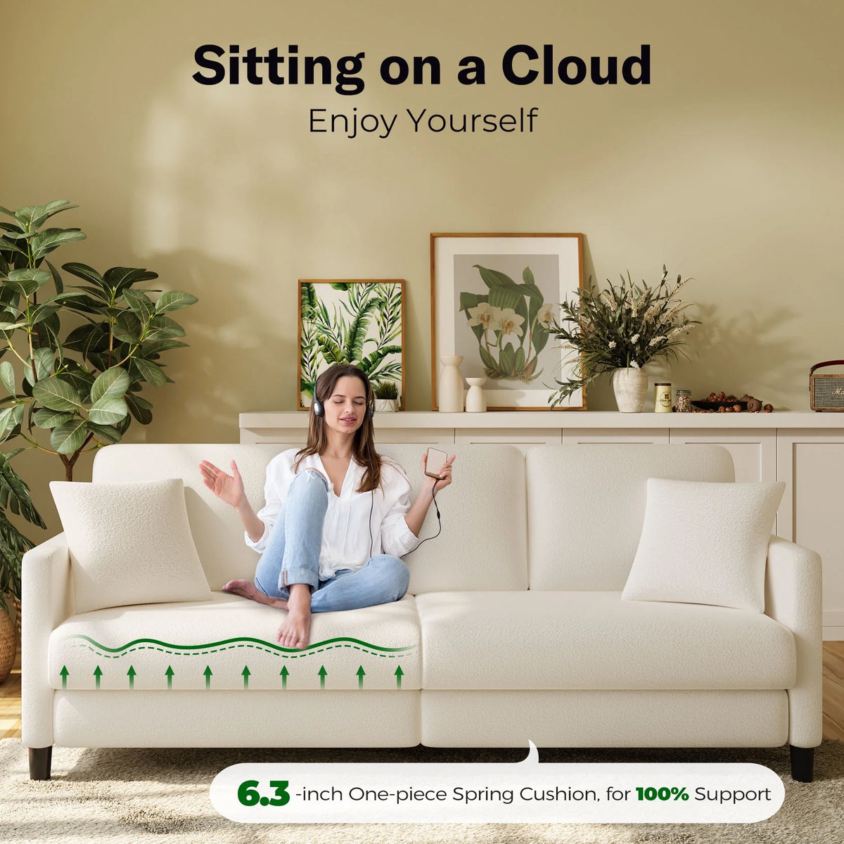 Off-White Velvet 3 Seater Sofa with 2 Pillows Z5013