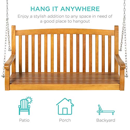 48in Wood Outdoor Hanging Bench Chair with Mounting Chains J778354