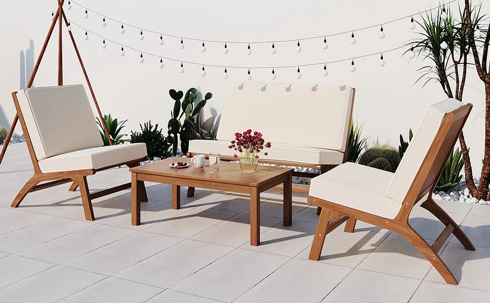 4-Piece V-shaped Acacia Solid Wood Outdoor Sofa O263852