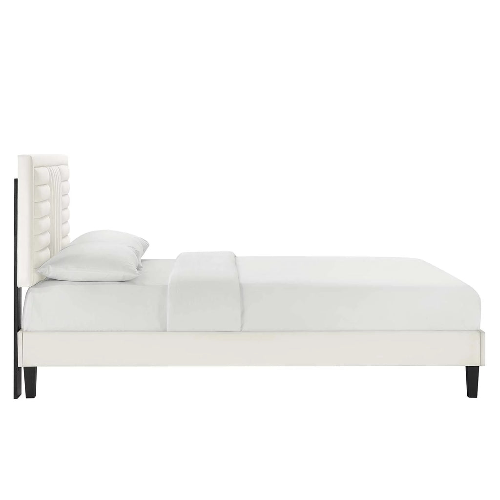 White Channel Tufted Performance Velvet Queen Platform Bed J3661