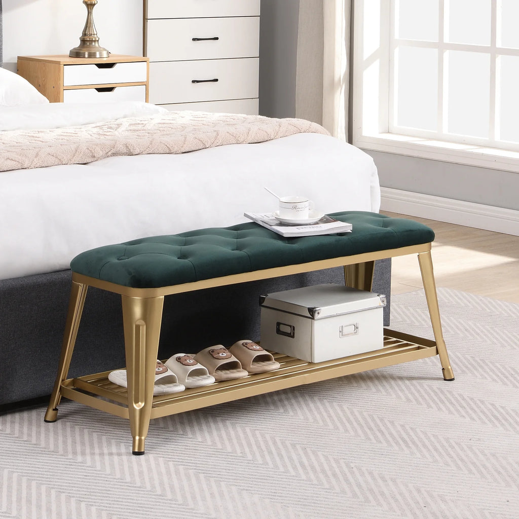 Shoe Storage Bench with Velvet Seat and Gold Legs B989