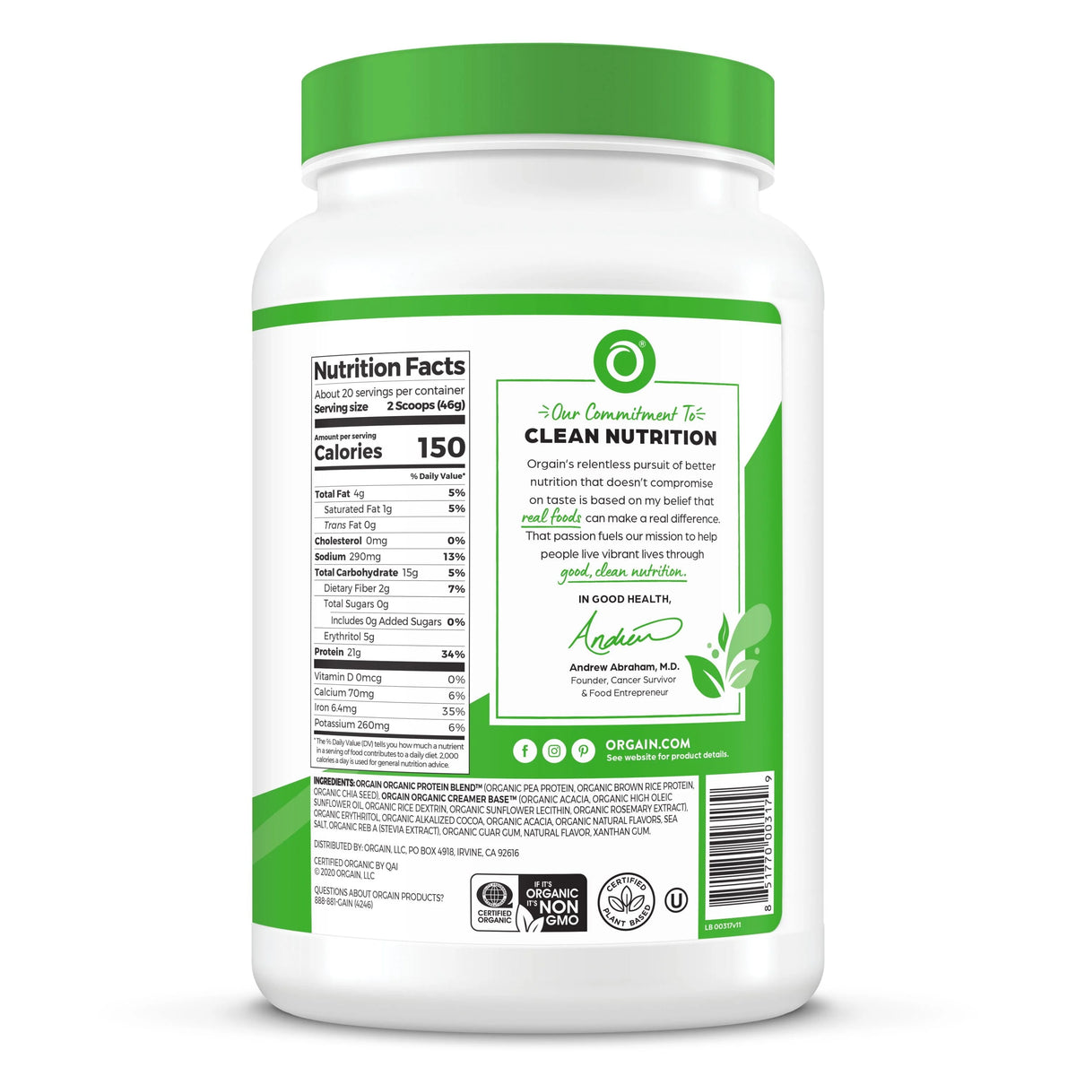 Organic Vegan 21g Protein Powder Creamy Chocolate 2.03lb R345